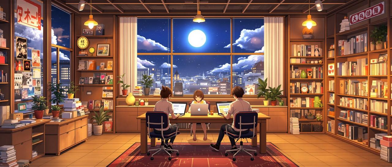 七七漫画团队工作场景 - 月光下的动漫编辑部,充满番剧海报与温暖灯光